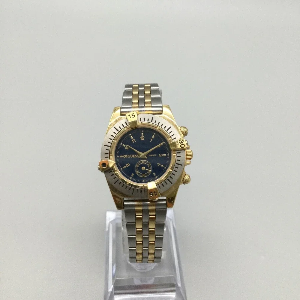 Vintage Guess Womens Watch 28mm Blue Dial Two Tone 1994 New Battery 6.75